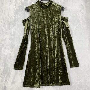 Crushed Velvet Mini Dress Cold Shoulder Stretch Green 3/4 Sleeve Bodycon Party L
